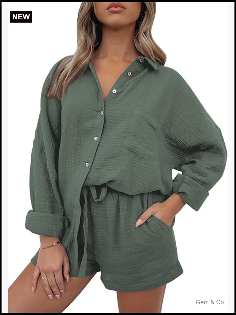 2 Piece Lounge Set - Oversized Button Down Top & Shorts Pajama Set